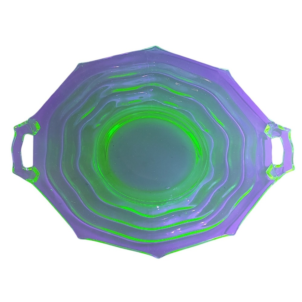 Jenkins Glass Company Uranium Platter Green Glass Handled Vaseline‎ Dish 12 Inch